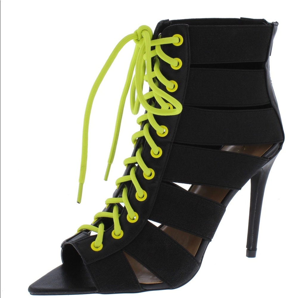 Black and Neón Pointed Peep Toe Vegan Leather Lace Up High Heel Ankle Bo…